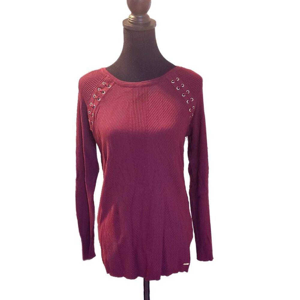 Calvin Klein NWT Merlot Red Ribbed & Gold Grommet Fitted Sweater, Size M (8-10)